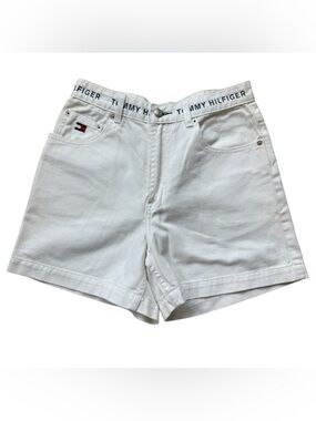 Tommy Hilfiger White Denim Shorts High Rise Logo Waist Vintage Y2K Coastal Prep